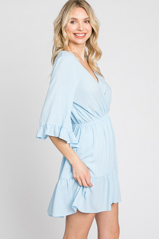 color: light blue. size: s,m,l. detail: asymmetrical neckline, ruffle bell sleeves, ruffle detail at the hem. wear it to the party, pinic , beach 