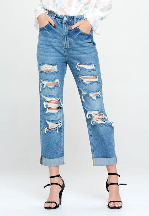 high rise ripped boyfriend jeans