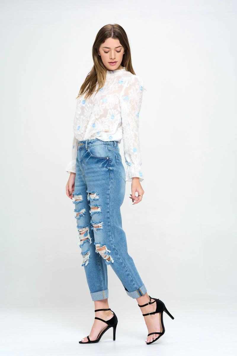 high rise ripped boyfriend jeans