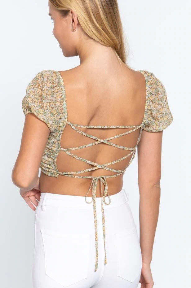 Ruched cross back print woven top