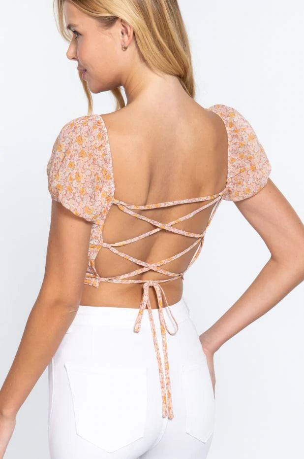 Ruched cross back print woven top